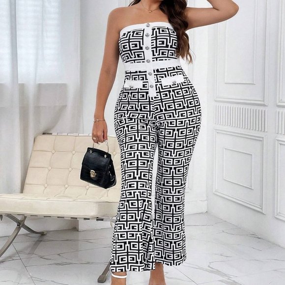 MODA ME COUTURE Pants - Contemporary Plus Allover Geo Print Tube Jumpsuit